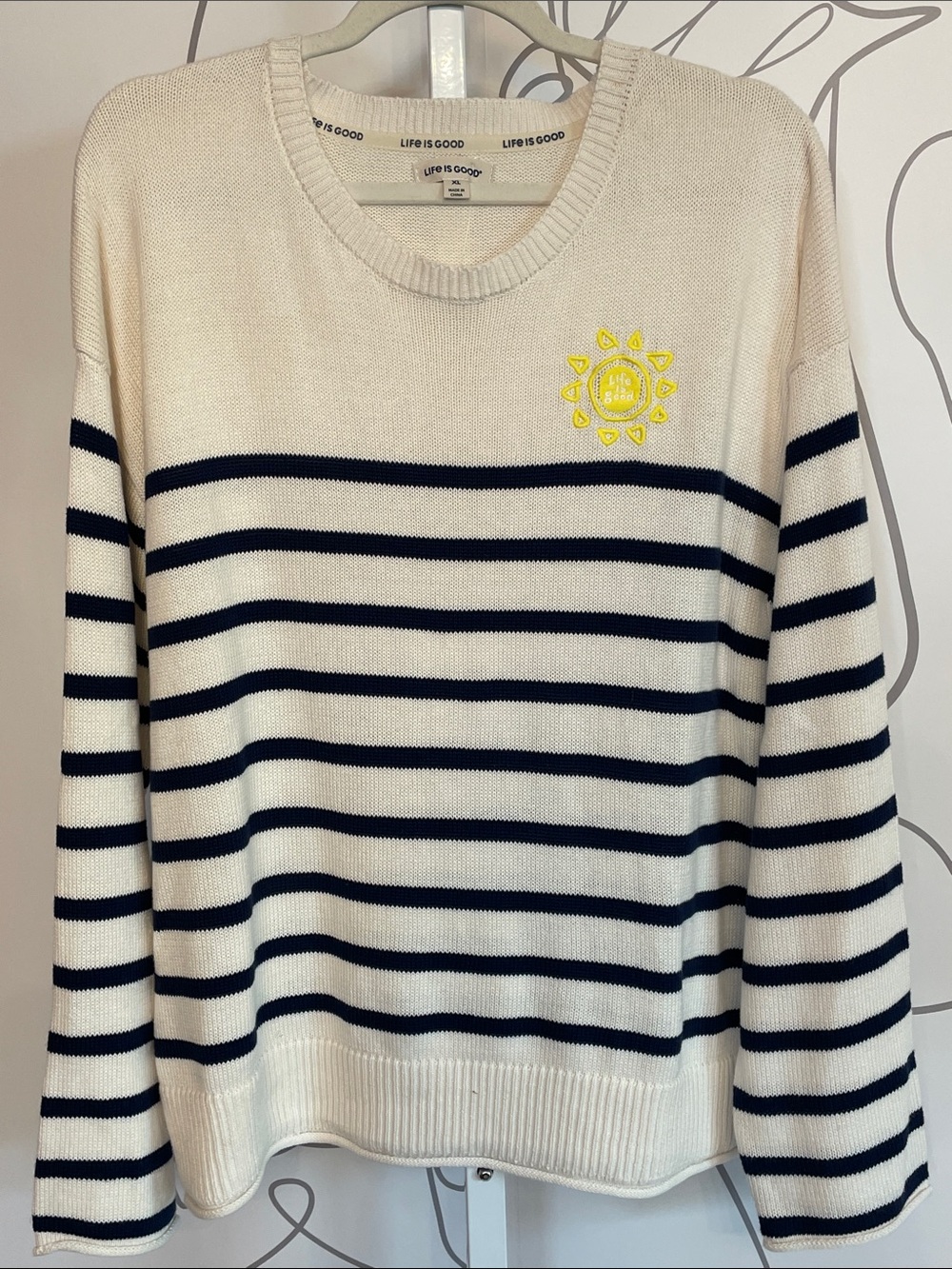 Life Is Good Cream Sweater with Navy Stripes and Yellow Sun size XL
